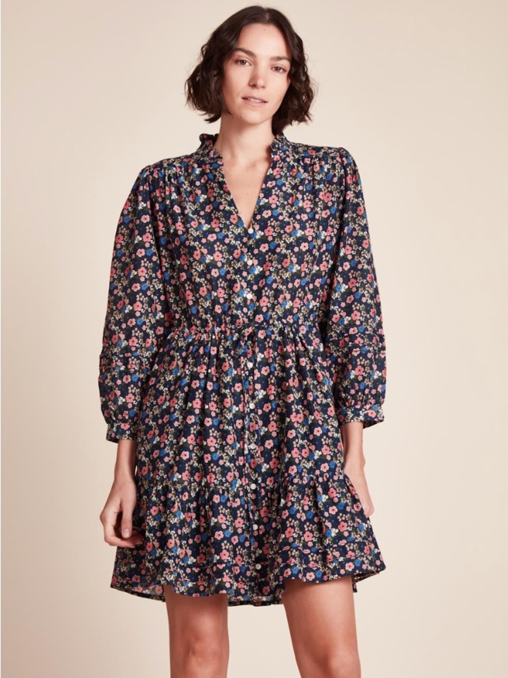 Trovata Yulia Shirtdress Navy Floral Ruffle Trim Mini Dress medium